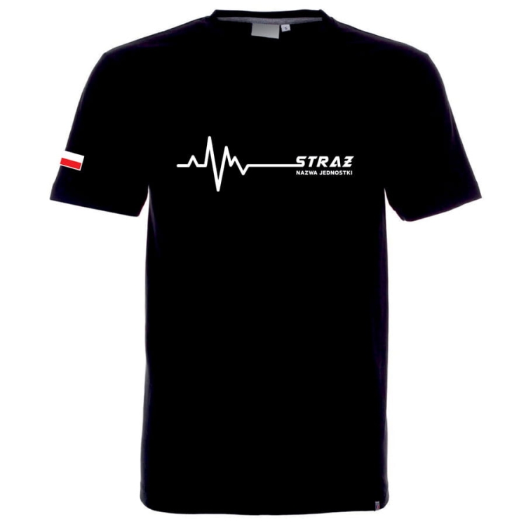 Czarny T-shirt STRAŻ – linia EKG i personalizacja z przodu