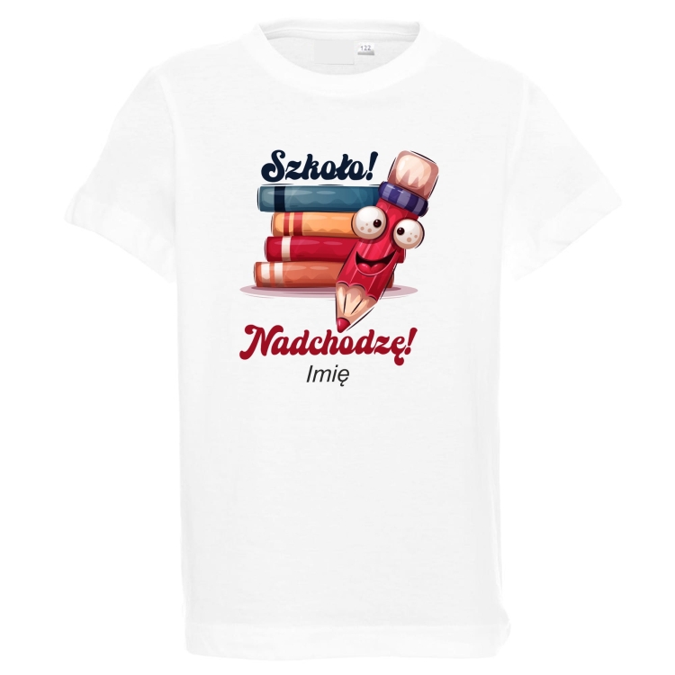Biała koszulka na WF z nadrukiem do szkoły