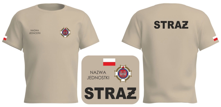 Koszulka beżowa OSP – logo OSP na piersi i STRAŻ na plecach