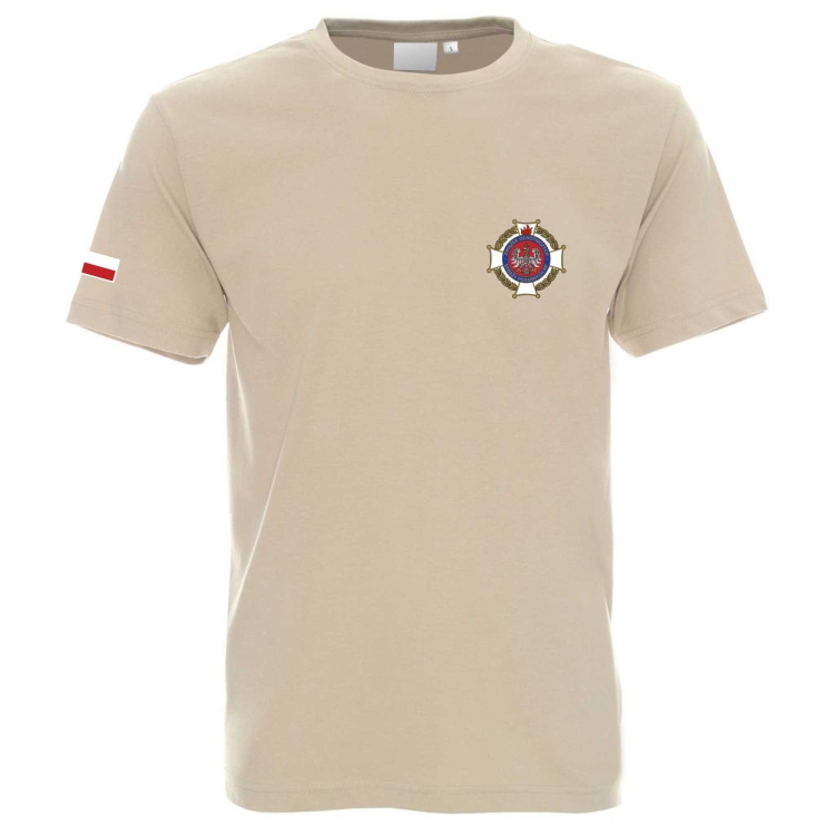Beżowy T-shirt STRAŻ OSP – nazwa jednostki i flaga Polski