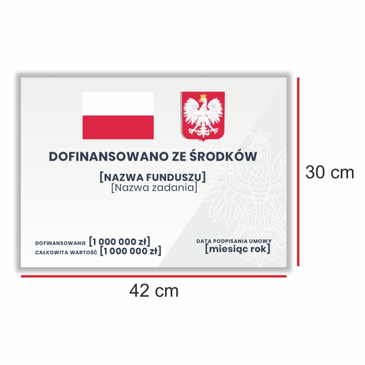 Tablica informacyjna z flagą i godłem Rzeczypospolitej Polskiej – oznakowanie inwestycji