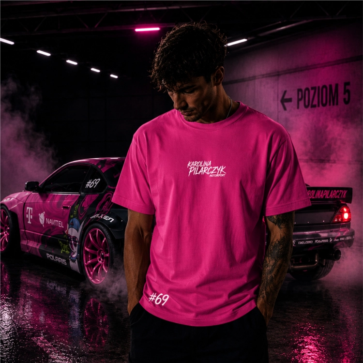 Koszulka męska Karolina Pilarczyk – Silvia S15 różowa, przód z logo Motorsport