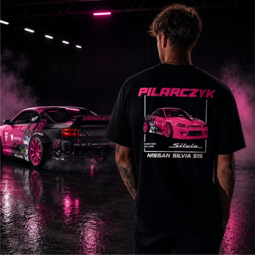 Koszulka męska Karolina Pilarczyk – Silvia S15 czarna, tył z grafiką samochodu driftowego