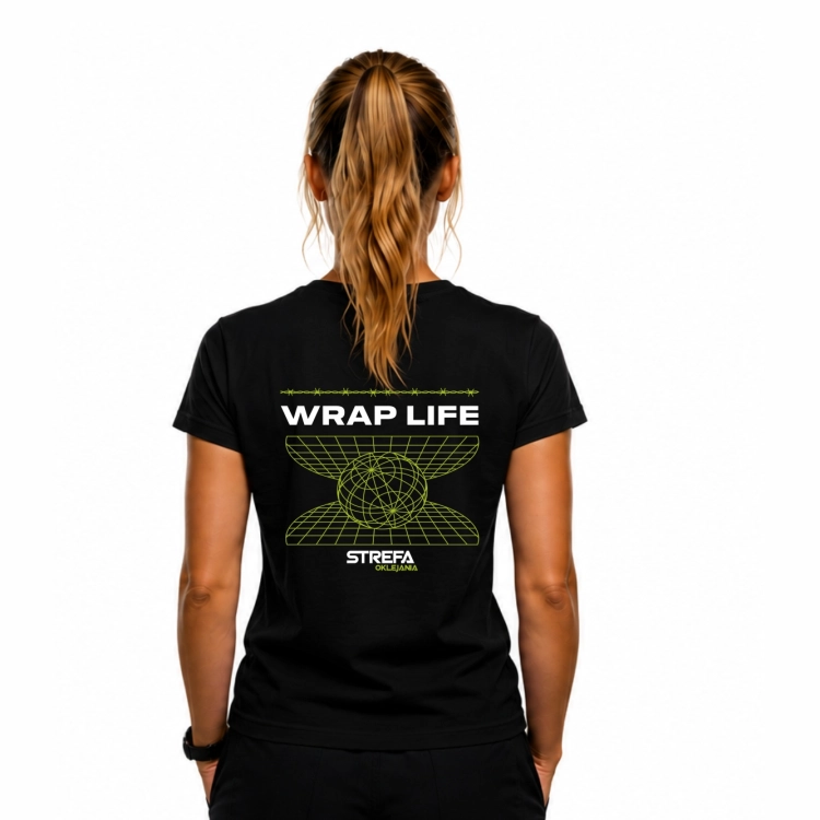 Autorska grafika car wrapping na czarnej koszulce damskiej Wrap Life