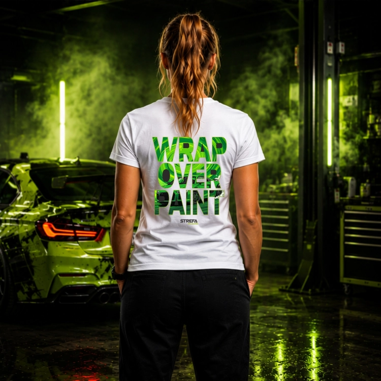 Koszulka damska Wrap Over Paint z grafiką inspirowaną car wrappingiem na plecach