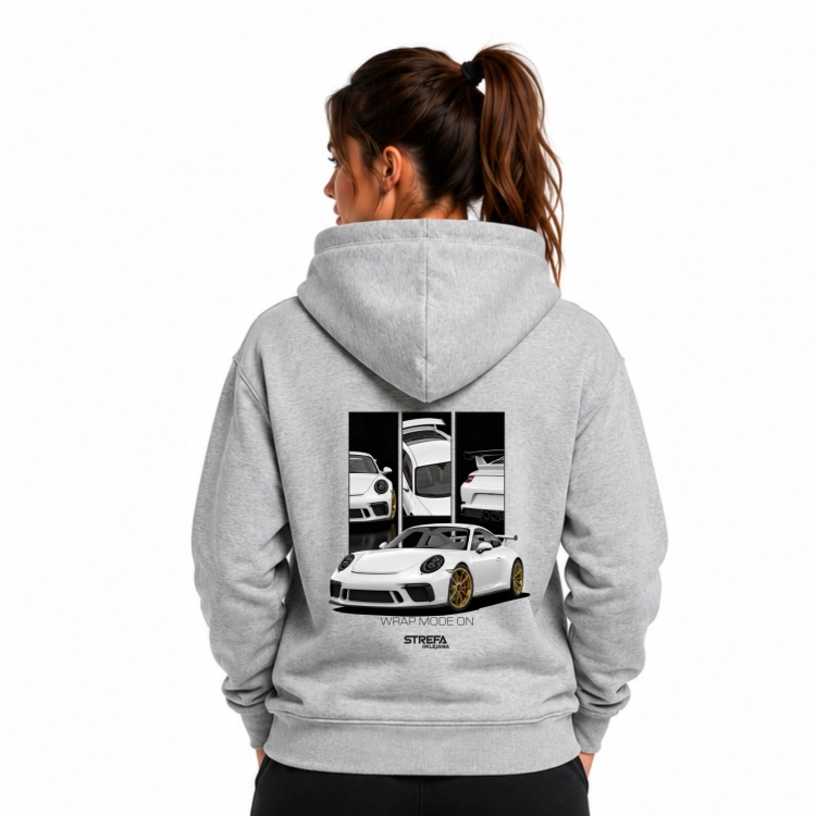 Legends Garage – szara bluza z kapturem unisex z motoryzacyjnym nadrukiem