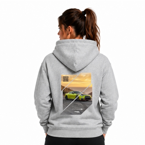 Golden Horizon – szara bluza z kapturem unisex z motoryzacyjnym nadrukiem